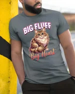 Big Fluff Big Heart Cute Cat Lover Graphic T Shirt Style - model wearing grey tee, leaning on column