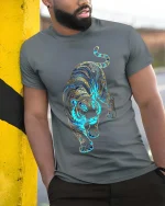 Ornate Tiger Blue Gold Pattern Graphic T Shirt Bold Style - model wearing grey tee, leaning on column