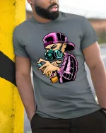 Graffiti Artist Spray Paint Mask Street Graphic T Shirt Style - model wearing grey tee, leaning on column