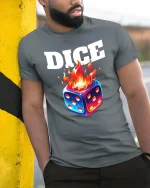 Dice on Fire Gambling Graphic T Shirt Lucky Game Night Style - model wearing grey tee, leaning on column