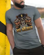 No Mercy Bear Skull Gangster Graphic T Shirt Street Style - model wearing grey tee, leaning on column