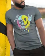 Melting Skull Smile Rock Hand Funny Graphic T Shirt Cool Art - model wearing grey tee, leaning on column