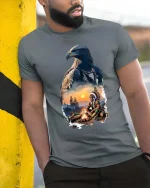 Majestic Eagle Spirit Native Campfire Scenic Graphic T Shirt - model wearing grey tee, leaning on column