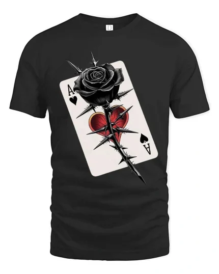 Gothic Black Rose Ace Card T Shirt Dark Love Graphic Tee - black t-shirt on white background