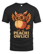 Cute Peach Owl T Shirt Funny Owlici Cartoon Graphic Tee - black t-shirt on white background