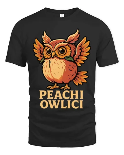 Cute Peach Owl T Shirt Funny Owlici Cartoon Graphic Tee - black t-shirt on white background