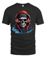 Skull Headphones Hoodie T Shirt Urban Street Style Graphic Tee - black t-shirt on white background