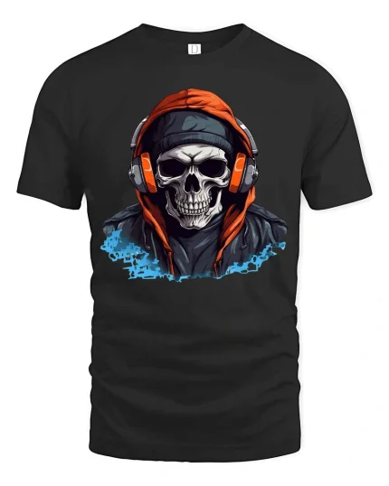 Skull Headphones Hoodie T Shirt Urban Street Style Graphic Tee - black t-shirt on white background