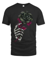 Gothic Skeleton Hand Rose T Shirt Dark Floral Art Tee - black t-shirt on white background