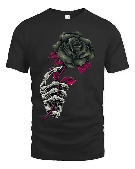 Gothic Skeleton Hand Rose T Shirt Dark Floral Art Tee - black t-shirt on white background