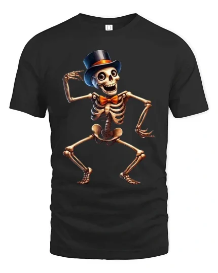 Funny Dancing Skeleton T Shirt Top Hat Bow Tie Party Tee - black t-shirt on white background