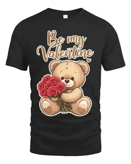 Cute Teddy Bear Be My Valentine T Shirt Romantic Love Tee - black t-shirt on white background