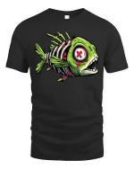 Zombie Fish Skeleton T Shirt Neon Horror Graphic Tee - black t-shirt on white background