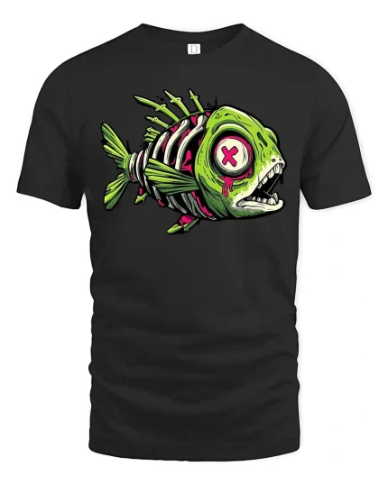 Zombie Fish Skeleton T Shirt Neon Horror Graphic Tee - black t-shirt on white background