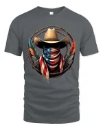 Patriotic Cowboy Bandana T Shirt American Flag Western Tee - gray t-shirt on white background