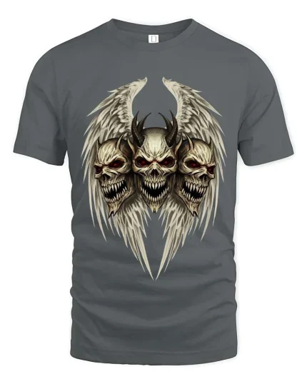Dark Angel Skull T Shirt Demon Wings Gothic Horror Tee - gray t-shirt on white background