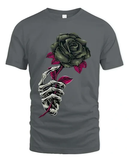 Gothic Skeleton Hand Rose T Shirt Dark Floral Art Tee - gray t-shirt on white background