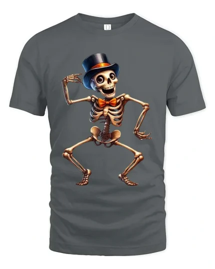 Funny Dancing Skeleton T Shirt Top Hat Bow Tie Party Tee - gray t-shirt on white background