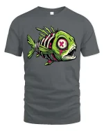 Zombie Fish Skeleton T Shirt Neon Horror Graphic Tee - gray t-shirt on white background