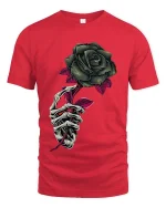 Gothic Skeleton Hand Rose T Shirt Dark Floral Art Tee - red t-shirt on white background