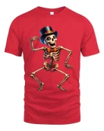 Funny Dancing Skeleton T Shirt Top Hat Bow Tie Party Tee - red t-shirt on white background