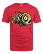 Zombie Fish Skeleton T Shirt Neon Horror Graphic Tee - red t-shirt on white background