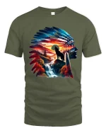 Native Spirit Wolf Feather T Shirt Nature Art Graphic Tee - military green t-shirt on white background