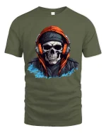 Skull Headphones Hoodie T Shirt Urban Street Style Graphic Tee - military green t-shirt on white background