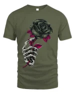 Gothic Skeleton Hand Rose T Shirt Dark Floral Art Tee - military green t-shirt on white background