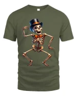 Funny Dancing Skeleton T Shirt Top Hat Bow Tie Party Tee - military green t-shirt on white background