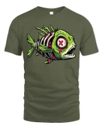 Zombie Fish Skeleton T Shirt Neon Horror Graphic Tee - military green t-shirt on white background