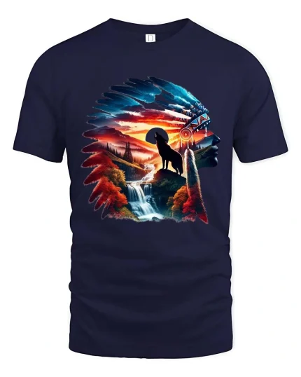 Native Spirit Wolf Feather T Shirt Nature Art Graphic Tee - navy t-shirt on white background