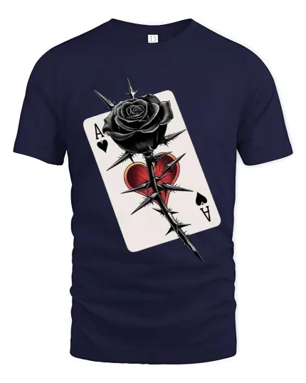 Gothic Black Rose Ace Card T Shirt Dark Love Graphic Tee - navy t-shirt on white background