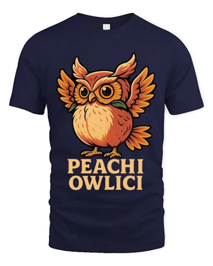 Cute Peach Owl T Shirt Funny Owlici Cartoon Graphic Tee - navy t-shirt on white background