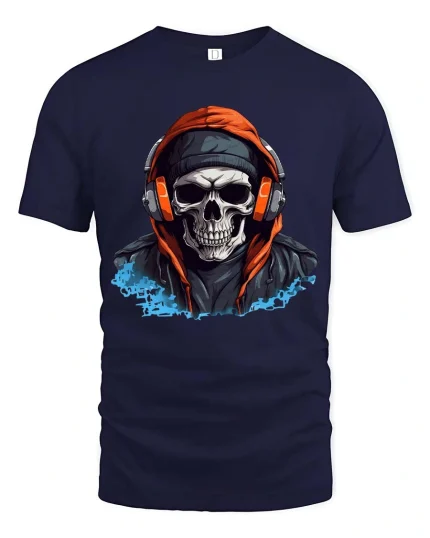 Skull Headphones Hoodie T Shirt Urban Street Style Graphic Tee - navy t-shirt on white background