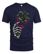 Gothic Skeleton Hand Rose T Shirt Dark Floral Art Tee - navy t-shirt on white background