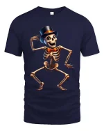 Funny Dancing Skeleton T Shirt Top Hat Bow Tie Party Tee - navy t-shirt on white background