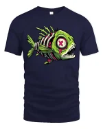 Zombie Fish Skeleton T Shirt Neon Horror Graphic Tee - navy t-shirt on white background