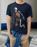 Creepy Dancing Skeleton T Shirt Spooky Glow Ribcage Tee - model wearing navy tee with hands in pockets