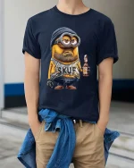 Funny Cartoon Beer Guy T Shirt Bearded Character Humor Tee - model wearing navy tee with hands in pockets