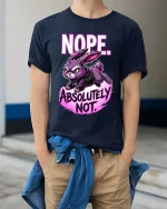 Funny Angry Bunny Nope Absolutely Not T Shirt Attitude Tee - model wearing navy tee with hands in pockets