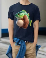 Funny Fish Bear Hybrid T Shirt Cute Weird Animal Graphic Tee - model wearing navy tee with hands in pockets