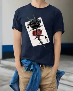 Gothic Black Rose Ace Card T Shirt Dark Love Graphic Tee - model wearing navy tee with hands in pockets