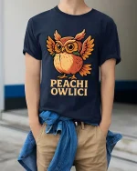 Cute Peach Owl T Shirt Funny Owlici Cartoon Graphic Tee - model wearing navy tee with hands in pockets