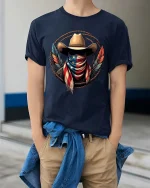 Patriotic Cowboy Bandana T Shirt American Flag Western Tee - model wearing navy tee with hands in pockets