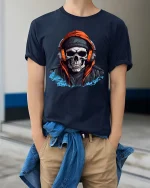 Skull Headphones Hoodie T Shirt Urban Street Style Graphic Tee - model wearing navy tee with hands in pockets