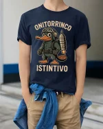 Funny Platypus Aviator T Shirt Onitorrinco Instintivo Tee - model wearing navy tee with hands in pockets