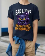 Funny Black Cat Bad Luck T Shirt Sarcastic Personality Tee - model wearing navy tee with hands in pockets
