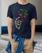 Gothic Skeleton Hand Rose T Shirt Dark Floral Art Tee - model wearing navy tee with hands in pockets