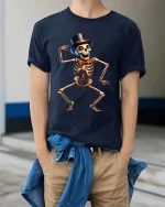 Funny Dancing Skeleton T Shirt Top Hat Bow Tie Party Tee - model wearing navy tee with hands in pockets
